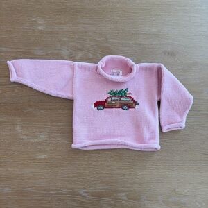 Charming Pink Christmas Rollneck Sweater with Car Design